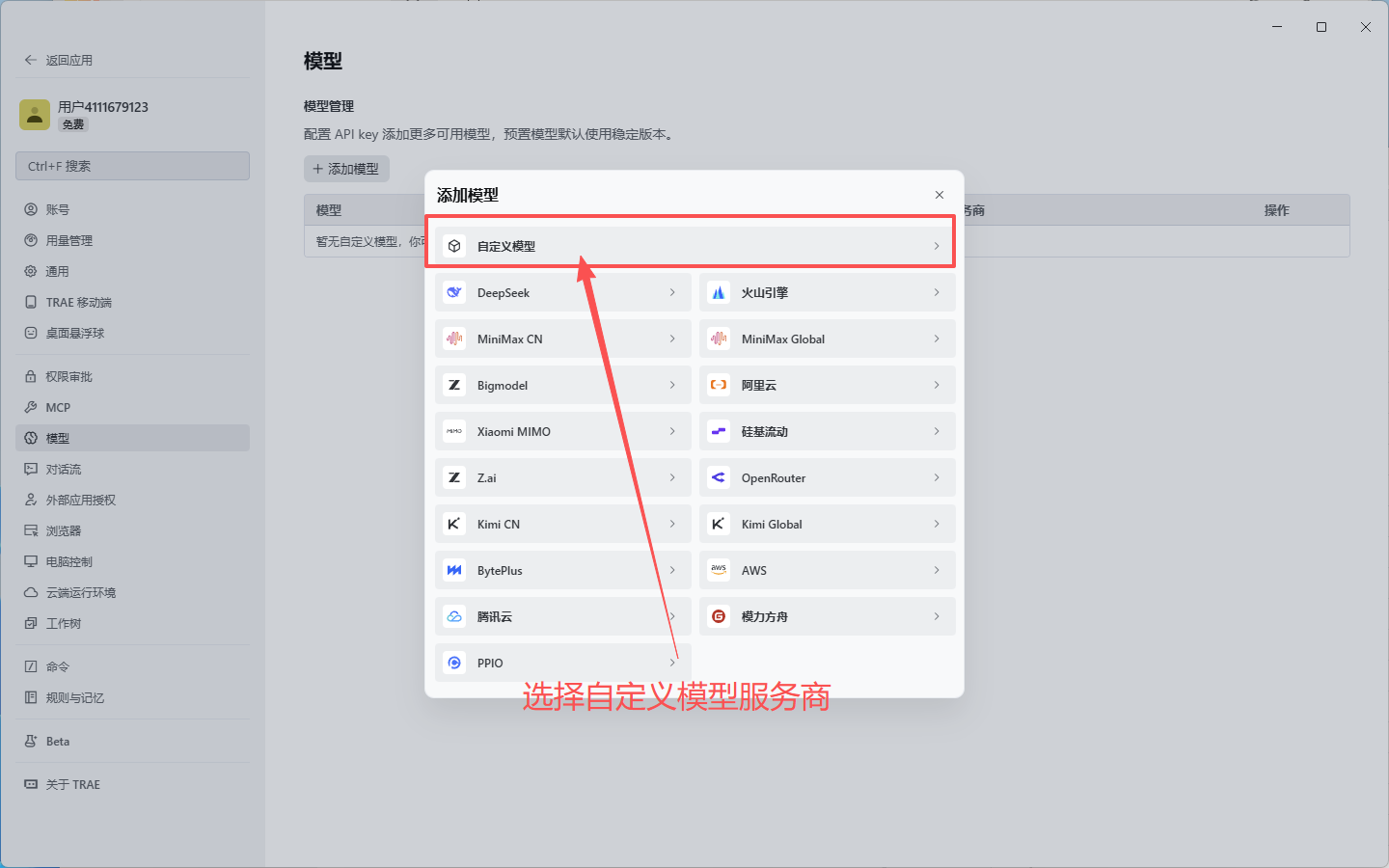 选择自定义模型服务商